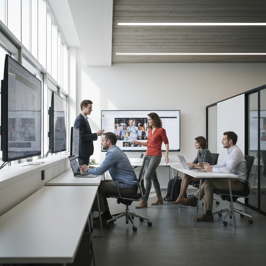 A modern, open-plan office with a group of millennials collaborating on a project using large interactive screens. The scene is side-lit, emphasizing the textures of the furniture and the engaged expressions on the team's faces.