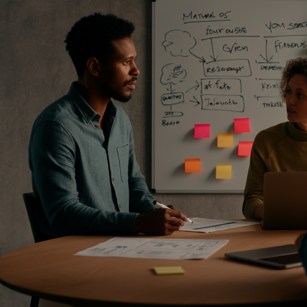 A brightly lit meeting room with a round table. Millennials are engaged in a brainstorming session, using colorful sticky notes on a whiteboard. Focus is on the variety of hand gestures and the texture of the whiteboard markers.
