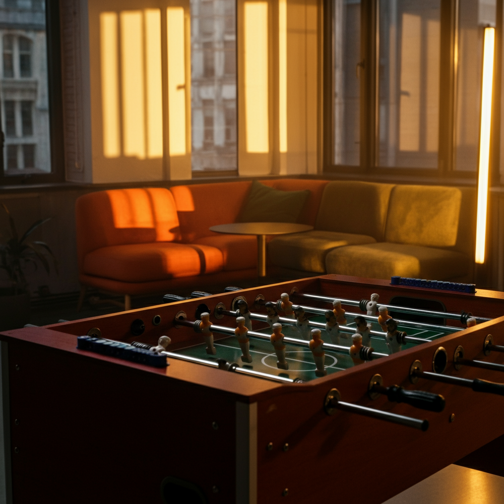 A modern office break room with a foosball table and comfortable seating. The scene is shot with golden hour lighting streaming through the windows, highlighting the textures of the various surfaces.