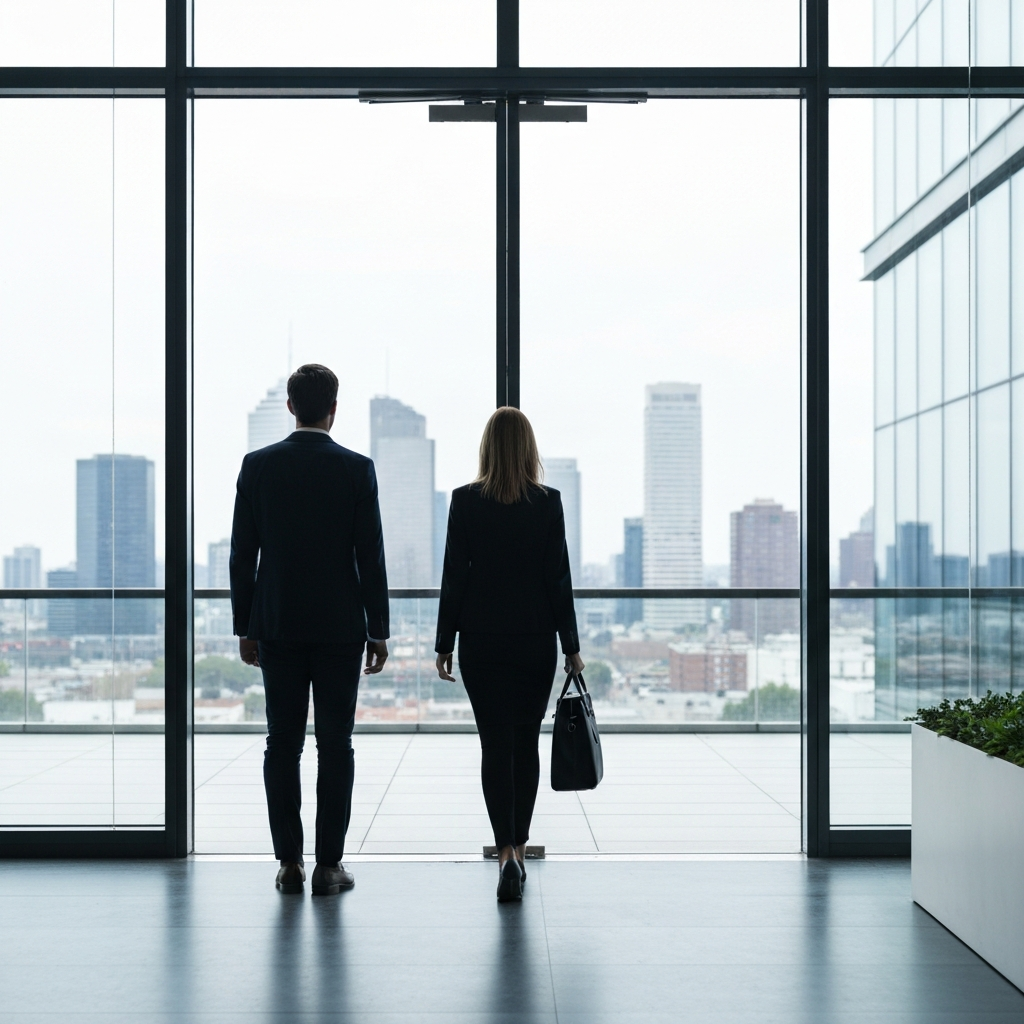 A millennial employee leaving the office building at the end of the day. The scene is shot from behind, showcasing the skyline and the employee's relaxed posture as they head home.