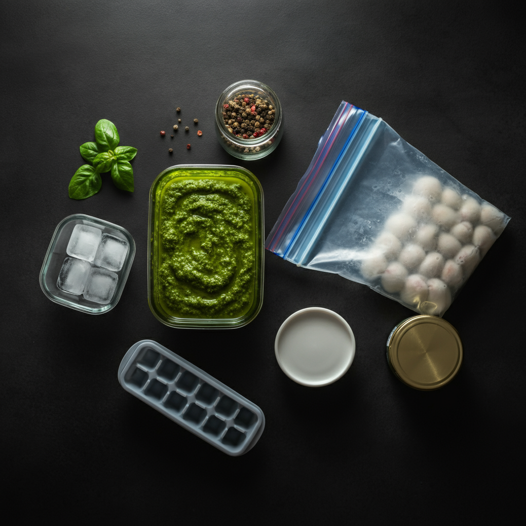 Overhead shot of various containers suitable for freezing pesto: ice cube tray, glass container, plastic container, and a freezer bag. Soft, diffused light highlights the textures of the containers.