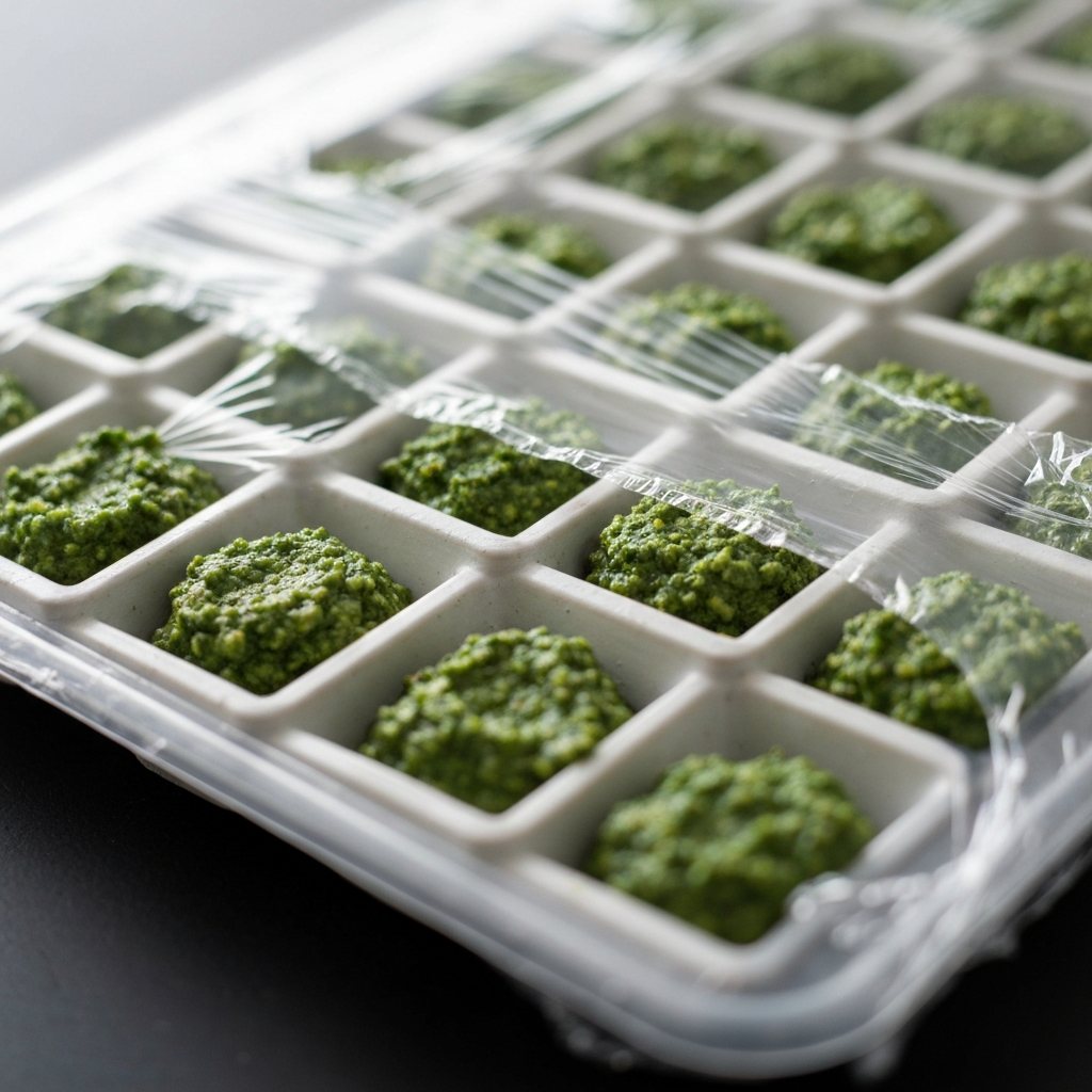 Close-up, side-lit shot of an ice cube tray filled with vibrant green pesto. Plastic wrap is neatly pressed onto the surface of the pesto in each cube. Focus is sharp on the pesto's texture, with a shallow depth of field.