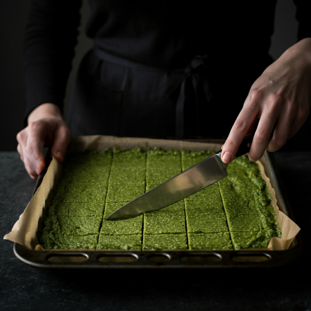 A baking sheet covered with a thin layer of pesto, partially frozen. A knife is poised to cut the pesto into squares. Soft, even lighting illuminates the baking sheet.