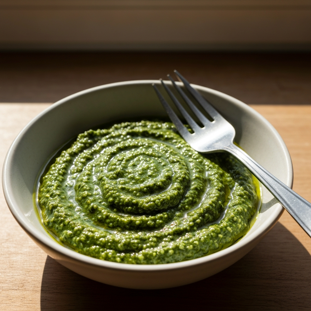 A bowl of thawed pesto, with a fork resting beside it. The pesto has a vibrant green color and a slightly glossy texture. Natural light streams in from a nearby window.