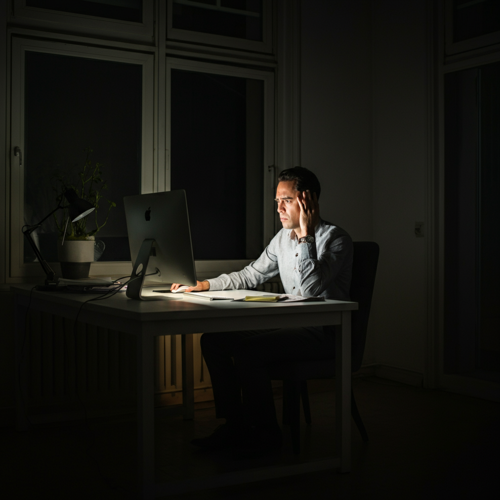 A person sitting at a desk, illuminated by a desklamp, looking stressed while staring at a computer screen. The room is dimly lit, but the computer screen provides some illumination.