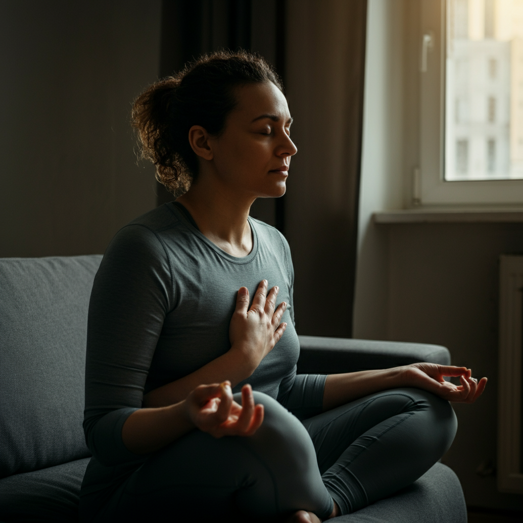 Person seated comfortably on a sofa, eyes closed, practicing deep breathing. Soft, diffused light from a nearby window casts a gentle glow on their face. Focus on the gentle rise and fall of the chest.