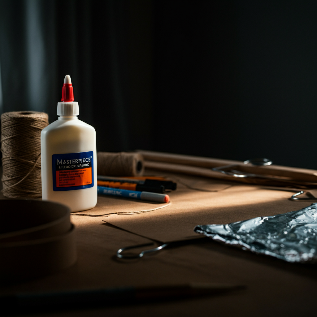 Close-up studio shot of craft supplies laid out on a wooden table. Glue bottle is in focus, with soft bokeh blurring the background elements (string, sharpie, aluminum foil, hanger). Natural daylight streaming in from a window on the left, casting a gentle shadow.
