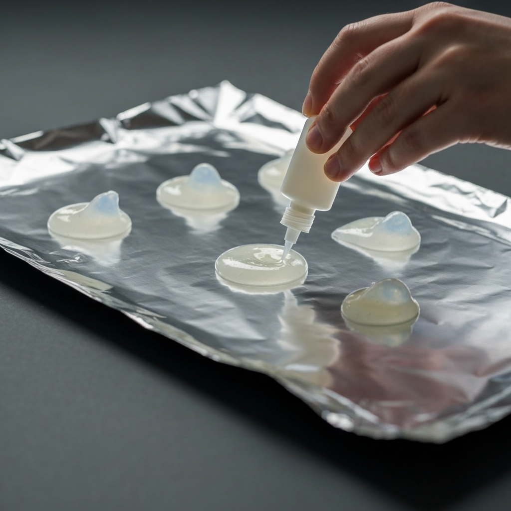 Top-down shot of several small, translucent glue ghosts drying on a sheet of aluminum foil. The foil reflects the overhead studio lights, creating highlights on the glue. A hand is delicately positioning a newly squeezed glue ghost with the glue bottle just visible in the frame.
