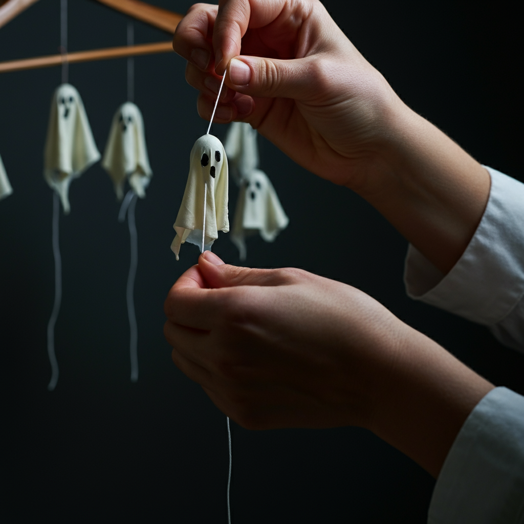 A person's hands carefully tying a piece of thin white string through a small hole in a dried glue ghost. The background is slightly blurred, showing the clothes hanger partially assembled with other ghosts already attached.