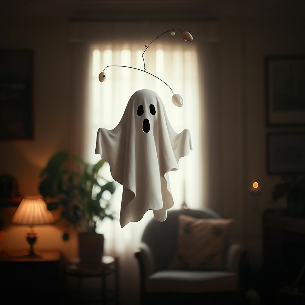 Wide shot of the completed ghost mobile hanging in a brightly lit room, slightly blurred in the background. The mobile is gently swaying, creating a sense of movement. The room is decorated in a simple, modern style.