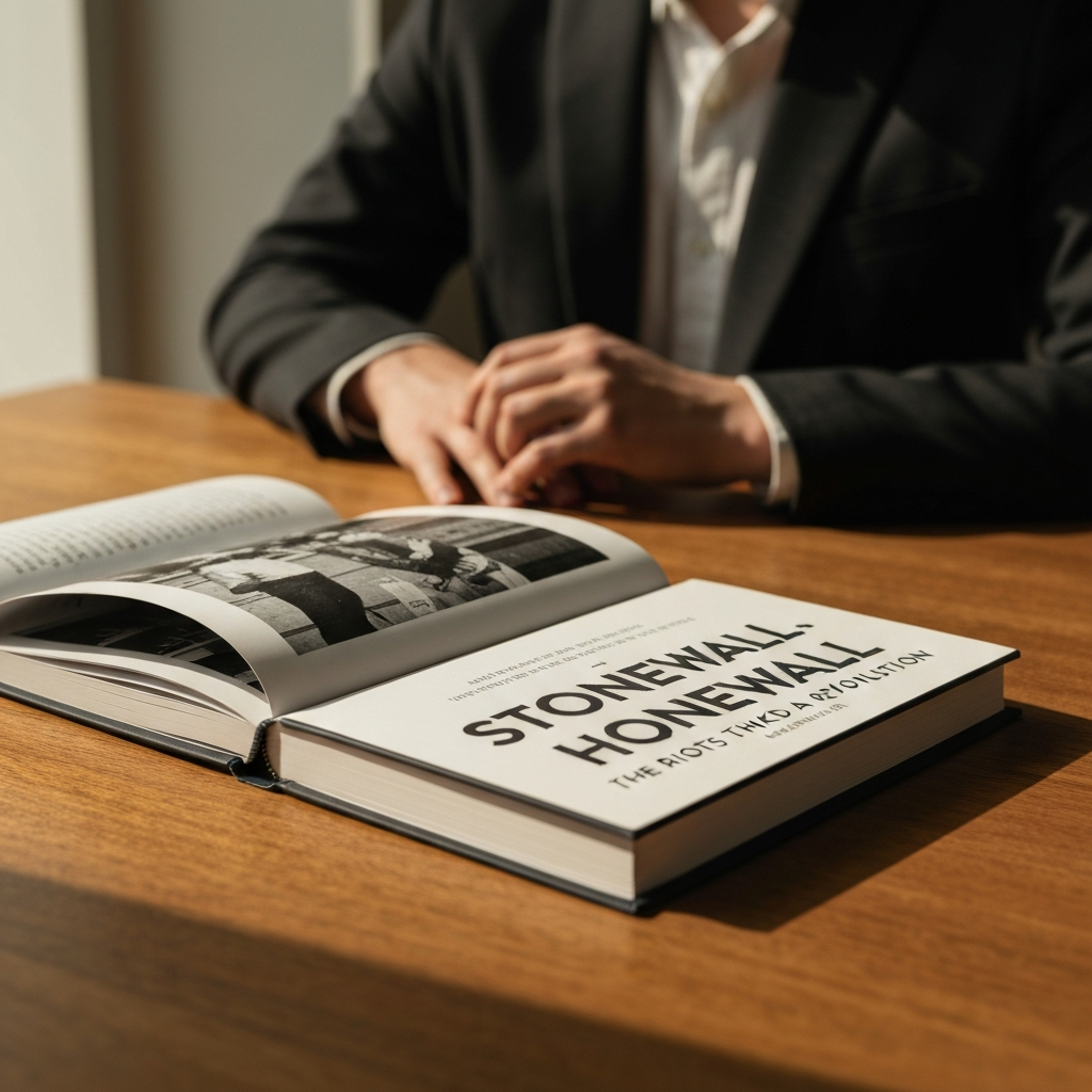 A close-up shot of a book titled "Stonewall: The Riots That Sparked a Revolution" resting on a wooden table. Soft, natural light streams in from a nearby window, creating a warm glow. The book is slightly open, revealing a black and white photograph from the 1960s.