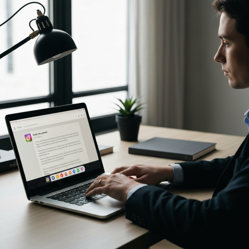 A person sitting at a desk, illuminated by the soft glow of a laptop screen. Their hands are resting on the keyboard as they type a message on social media. The room is bathed in a soft, diffused light, creating a sense of calm and focus.
