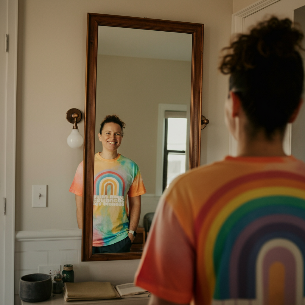 A person standing in front of a mirror, smiling confidently. They are wearing a colorful t-shirt with a rainbow design. The room is brightly lit, and the mirror reflects a positive and empowering image.