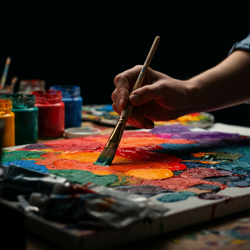 A close-up of a hand holding a paintbrush, applying vibrant rainbow colors to a canvas. The studio is brightly lit, with jars of paint and other art supplies scattered around. The focus is on the texture of the paint and the movement of the brush.