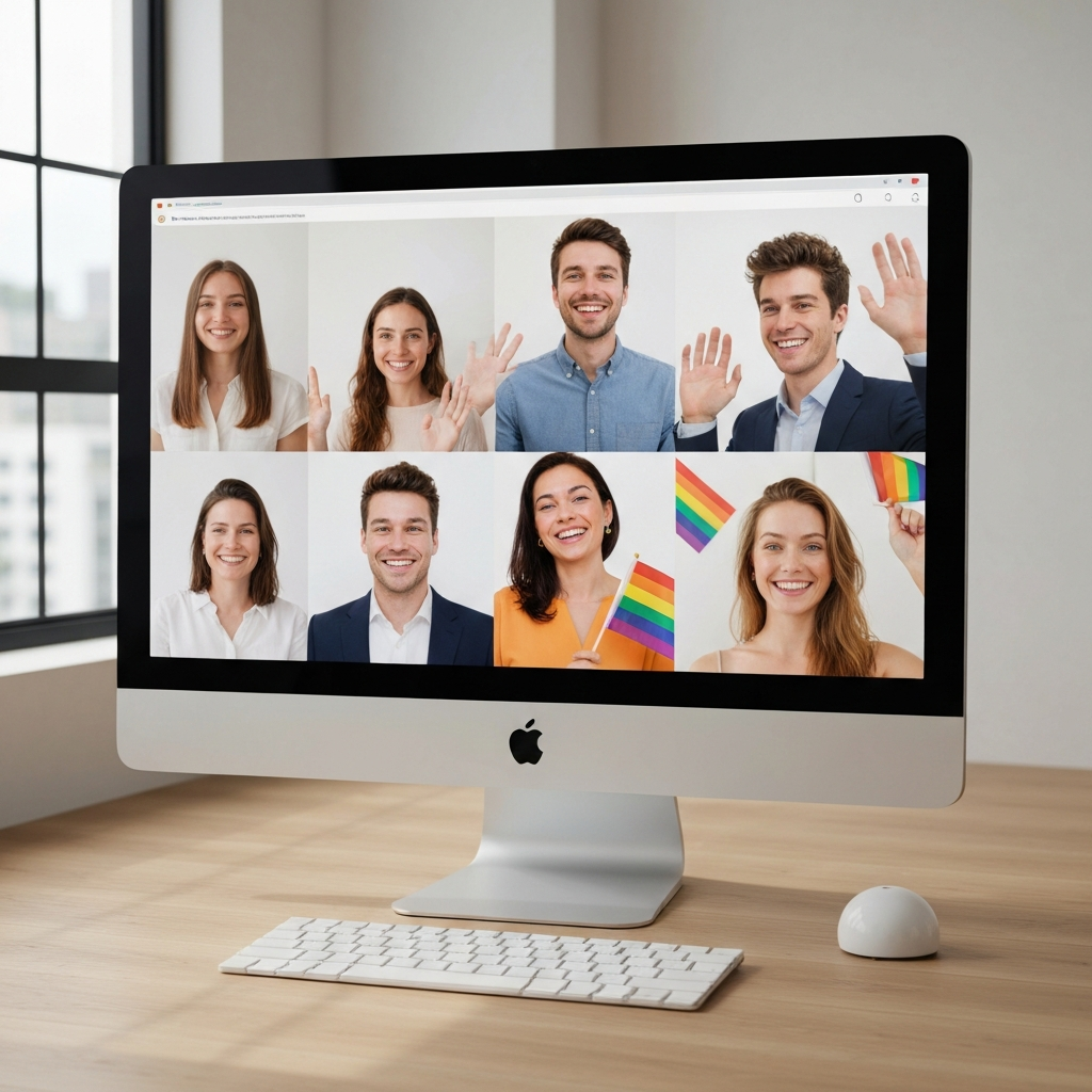 A collage of faces on a computer screen, representing a virtual Pride celebration. People are smiling and waving, and some are holding rainbow flags. The screen is brightly lit, and the atmosphere is festive and inclusive.