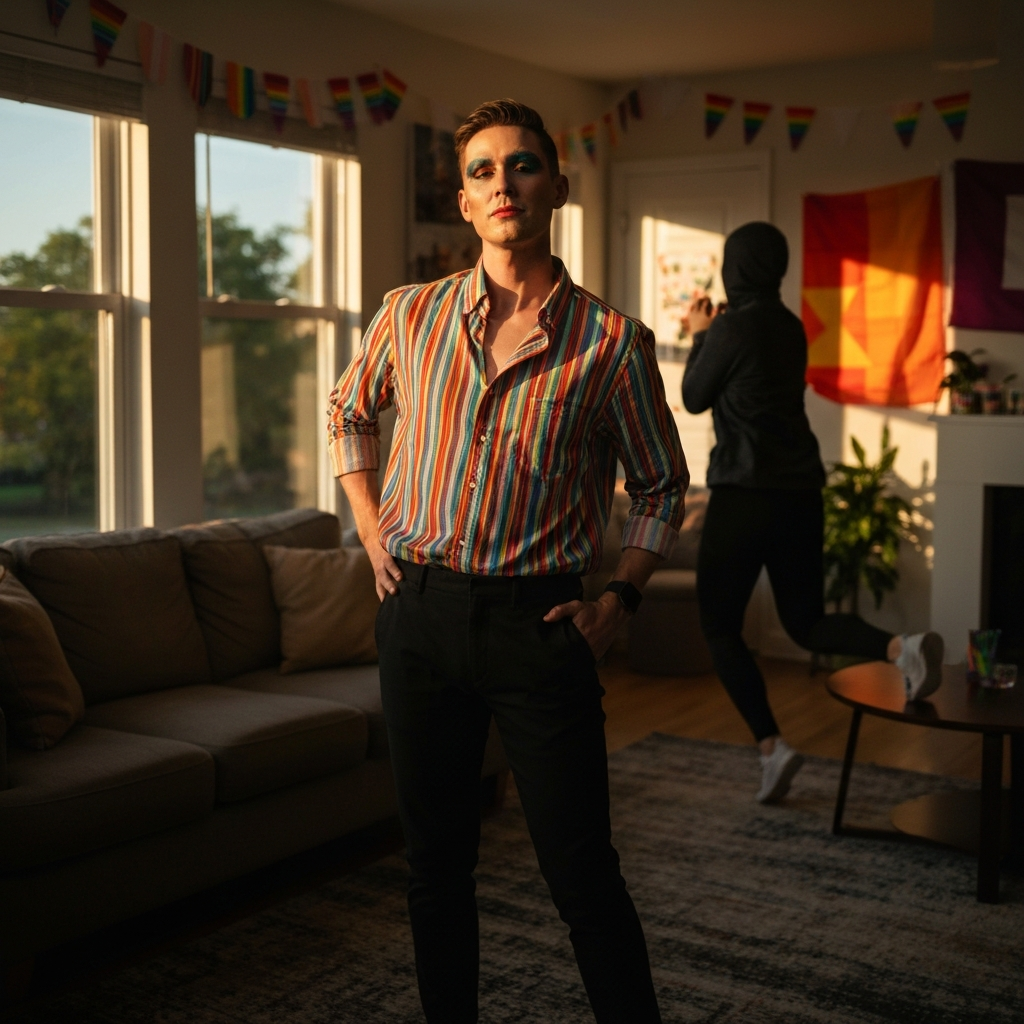 A person wearing a rainbow-striped shirt and vibrant makeup, posing confidently in their living room. Natural light streams in from a window, creating a warm and inviting atmosphere. The room is decorated with Pride flags and other colorful decorations.