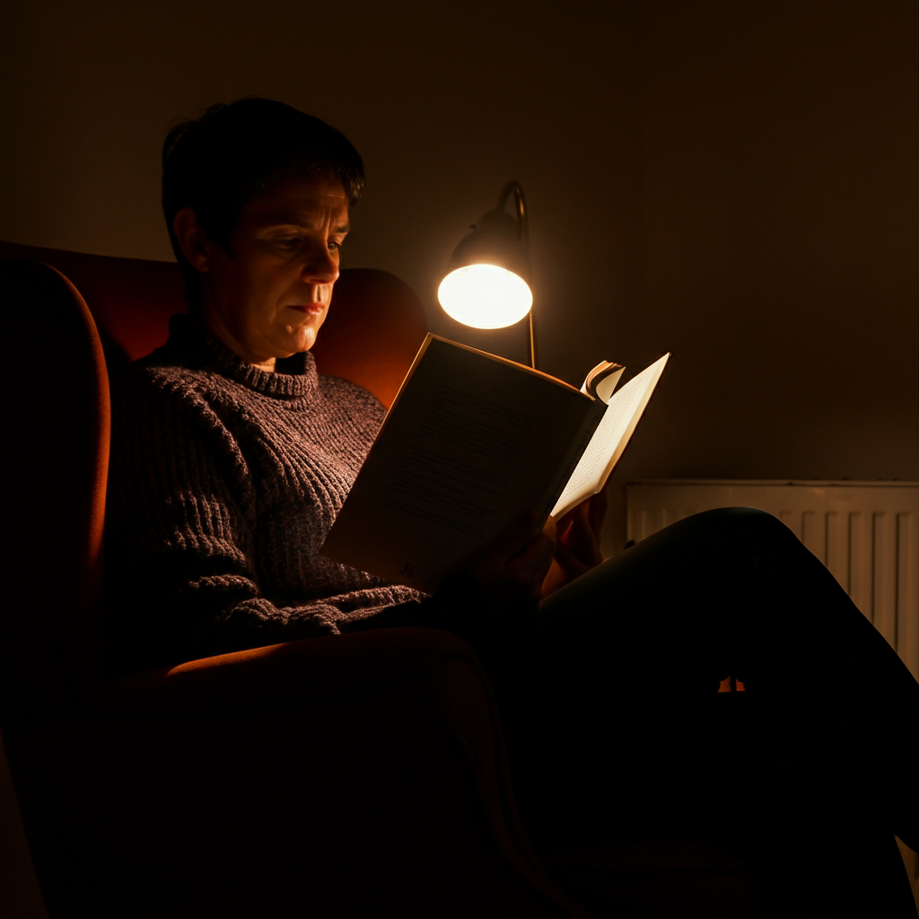 A person sitting comfortably in an armchair, engrossed in a book. Soft lamplight illuminates the pages, casting a warm glow on their face. The room is quiet and cozy, creating a sense of peace and contemplation.