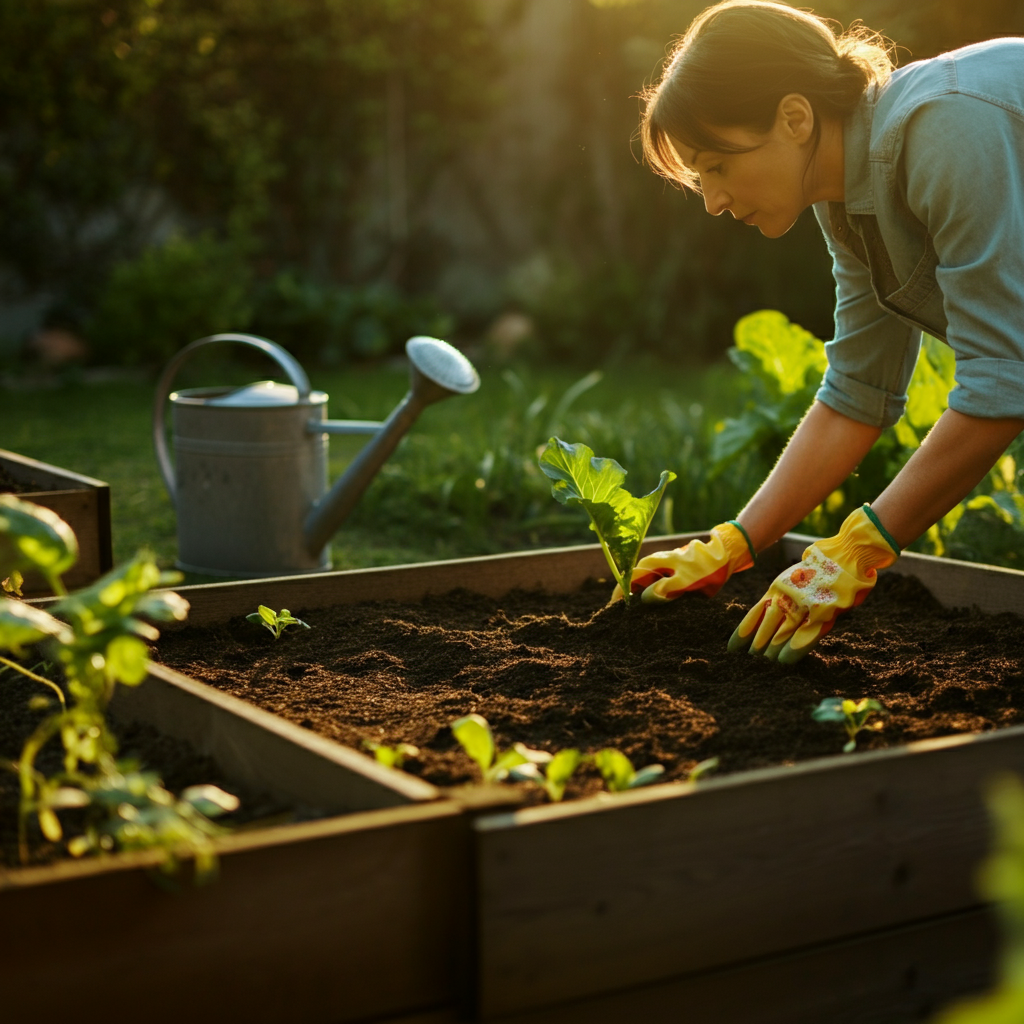 A sunny backyard with a woman in gardening gloves examining the soil in a raised garden bed. The shot is taken during golden hour, with soft, diffused light highlighting the texture of the soil and the green leaves of young vegetable plants. A watering can sits nearby. The background is slightly blurred with a shallow depth of field.