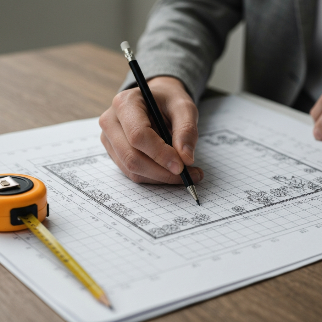 A close-up shot of a hand sketching a garden layout on graph paper. A measuring tape and a pencil are visible next to the paper. The light is soft and diffused, highlighting the details of the grid and the hand's movements.