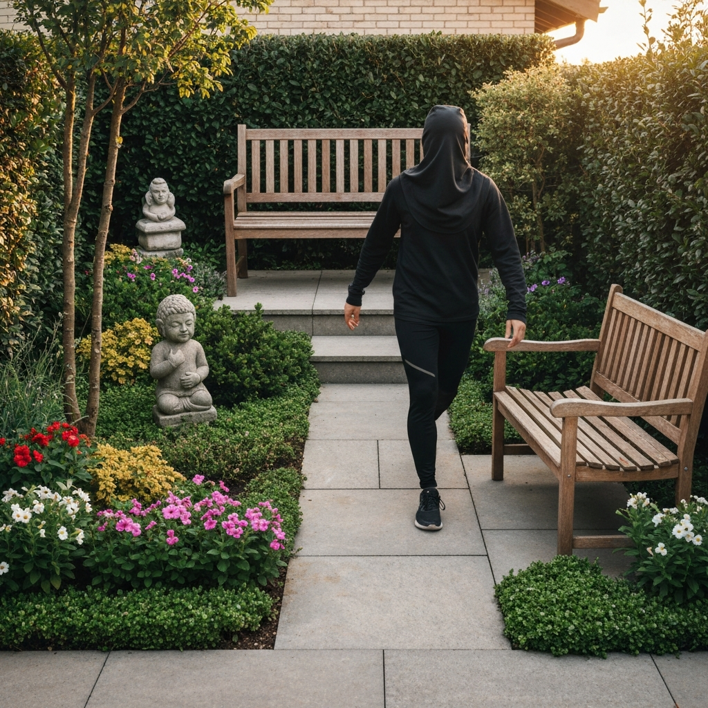 A wide-angle shot of a well-designed small garden featuring a variety of plants, a small stone statue, and a comfortable wooden bench. The light is even and bright, showcasing the vibrant colors of the flowers and the textures of the foliage. The scene is composed to emphasize the balance and harmony of the garden.