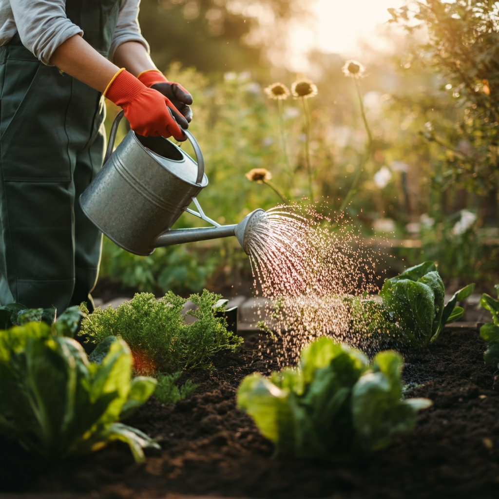 A person wearing gardening gloves is watering plants in a small garden using a watering can. The sunlight is dappled, creating a sense of warmth and serenity. The focus is on the plants and the water droplets, with a blurred background.
