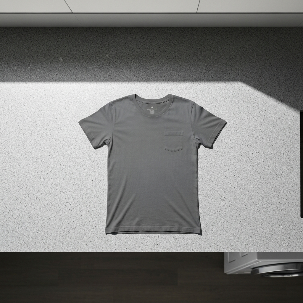 Overhead shot of a neatly ironed, solid-colored t-shirt lying flat on a light gray granite countertop in a modern laundry room, illuminated by diffused natural light.