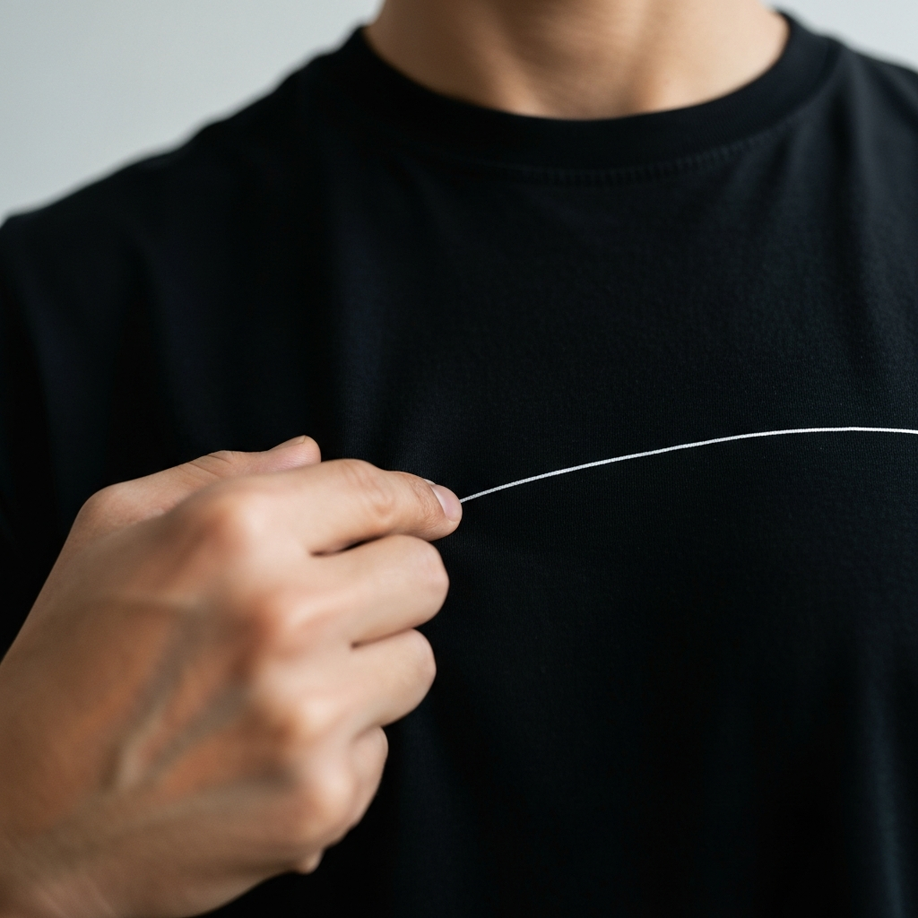 Close-up of a hand gently tracing an imaginary line on a black t-shirt, soft focus on the background, creating a depth of field that highlights the texture of the fabric.