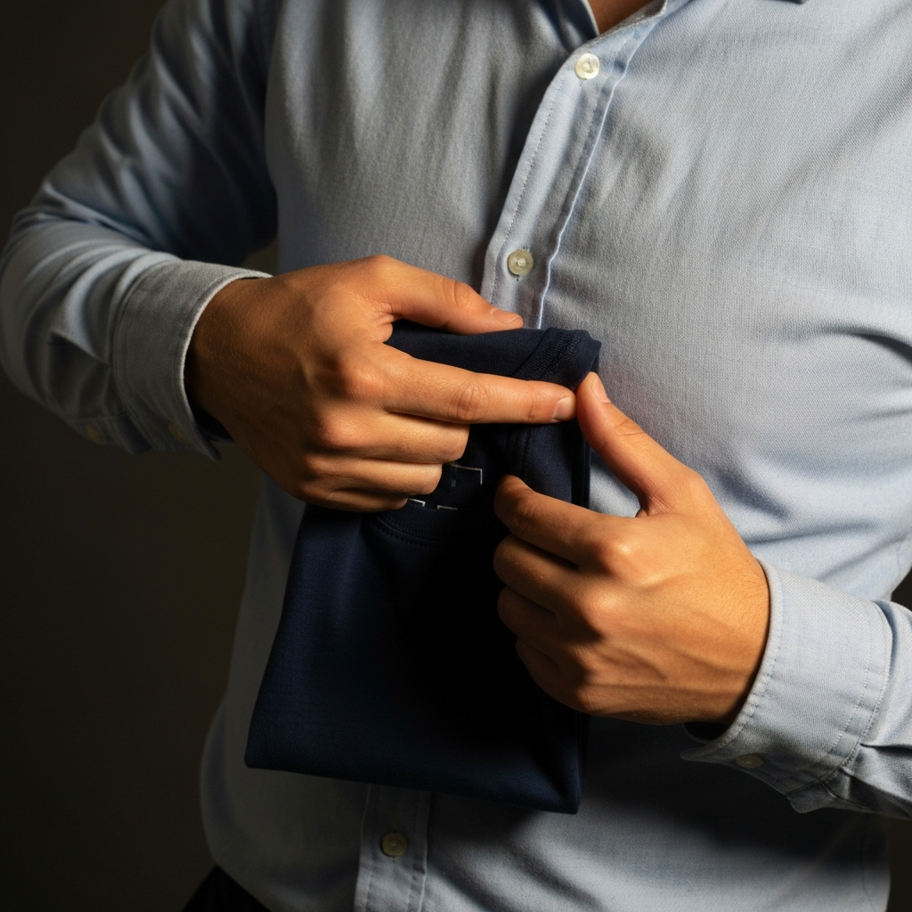 A person wearing a light blue button-down shirt pinches a folded navy t-shirt with their left and right hand, showcasing the hand placement, warm studio lighting highlighting the texture of their skin.