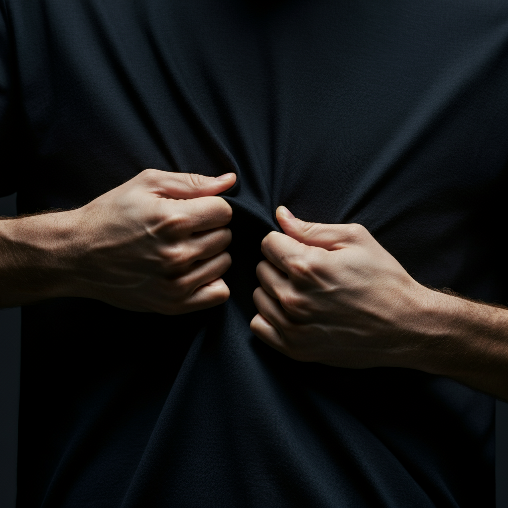 Close up shot of hands holding the t-shirt at three pinch points. Low-key lighting creates shadows that emphasize the folds of the fabric and the tension in the hands.
