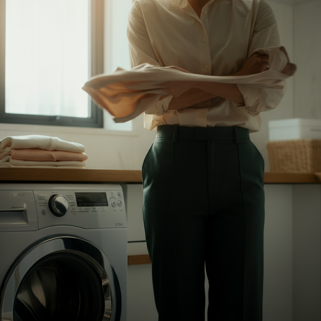 Medium shot of a person in a bright, well-organized laundry room uncrossing their arms and lifting a partially folded t-shirt, demonstrating a smooth, controlled motion. Natural sunlight streams through the window.