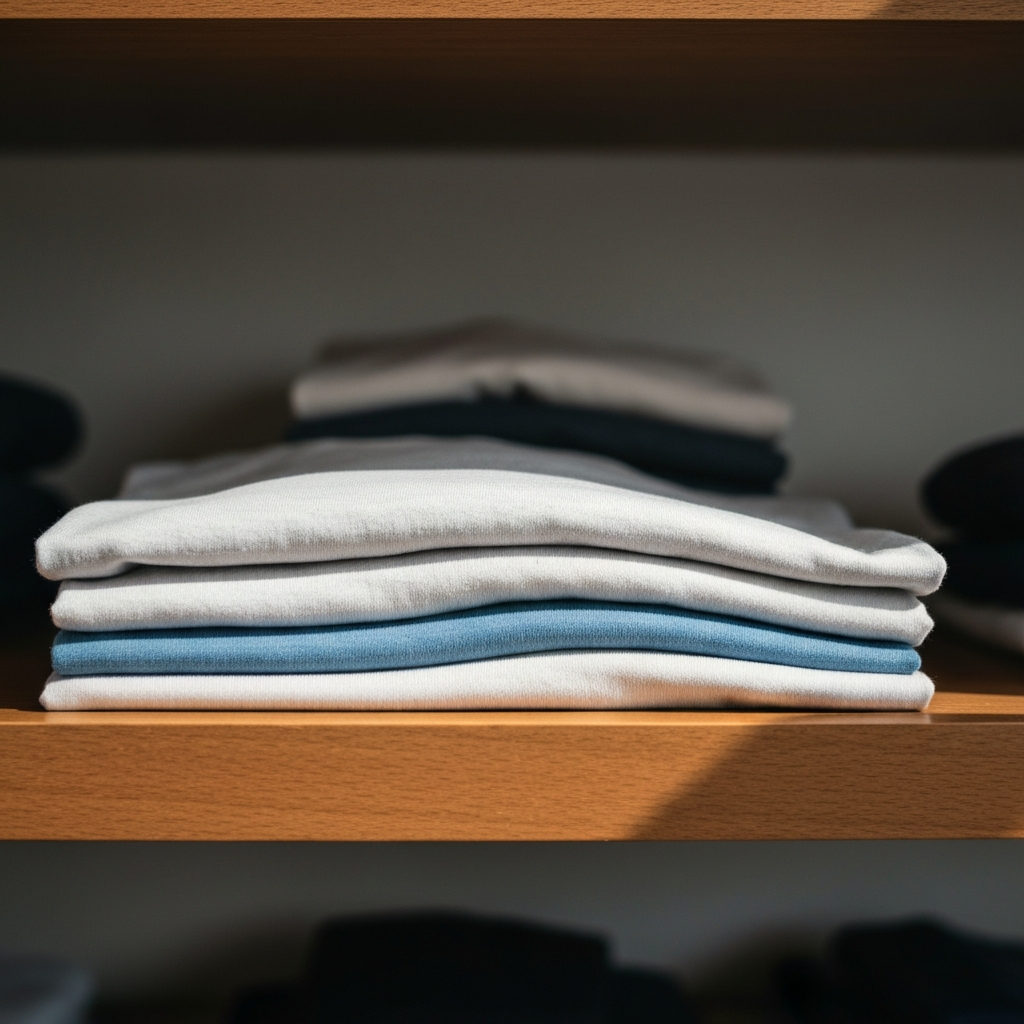 Close up of the neatly folded t-shirt lying flat on a wooden shelf, side-lit to reveal the texture of the fabric and wood, with a blurred background of other folded garments.