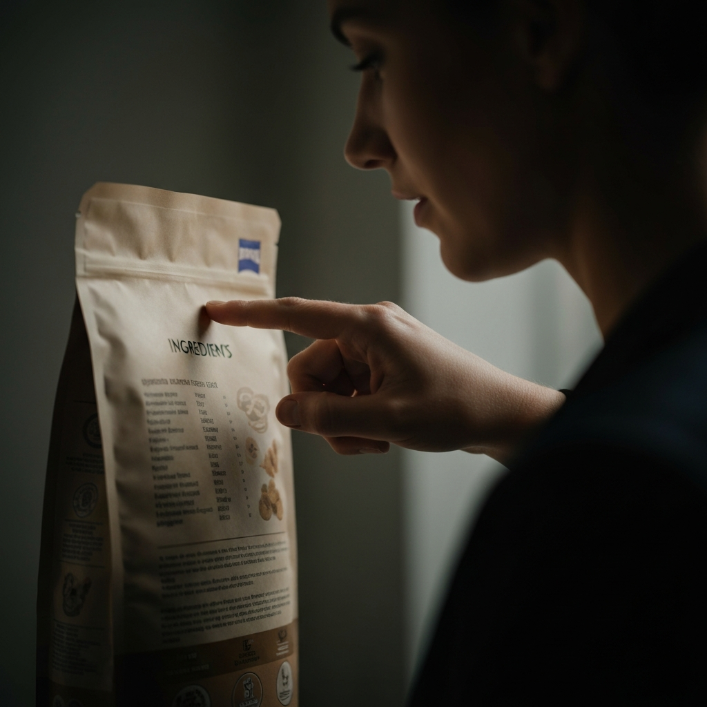 Close-up of a hand pointing to the ingredient list on a bag of dry dog food, with soft, diffused lighting highlighting the text.