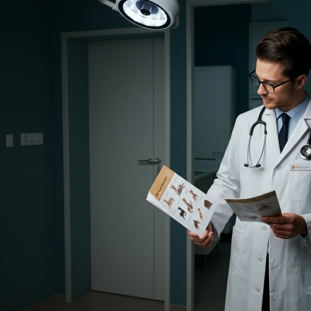 A vet in a brightly lit clinic, holding a brochure about pet nutrition and pointing to a diagram illustrating different animal parts.