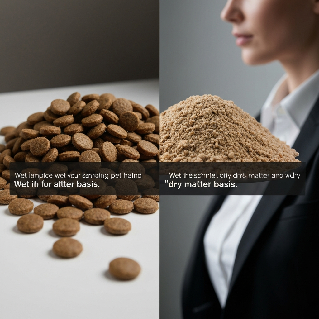 A split-screen showing two different types of pet food - wet and dry - side-by-side, with overlaid text explaining the concept of "dry matter basis." Soft lighting and clean, professional presentation.