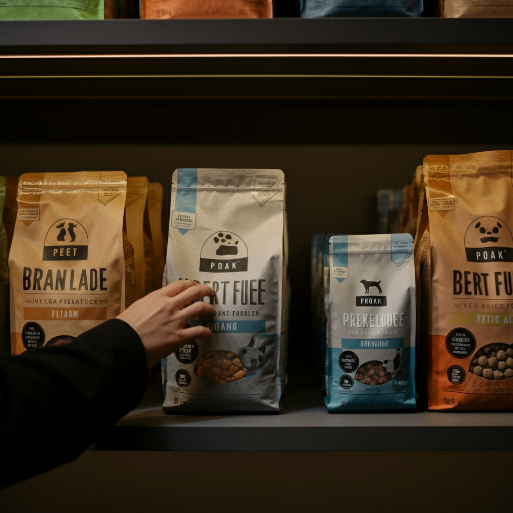 A shelf stocked with various pet food brands, with a hand reaching out to select a bag. The lighting is bright and commercial, highlighting the colorful packaging and prominent marketing claims.