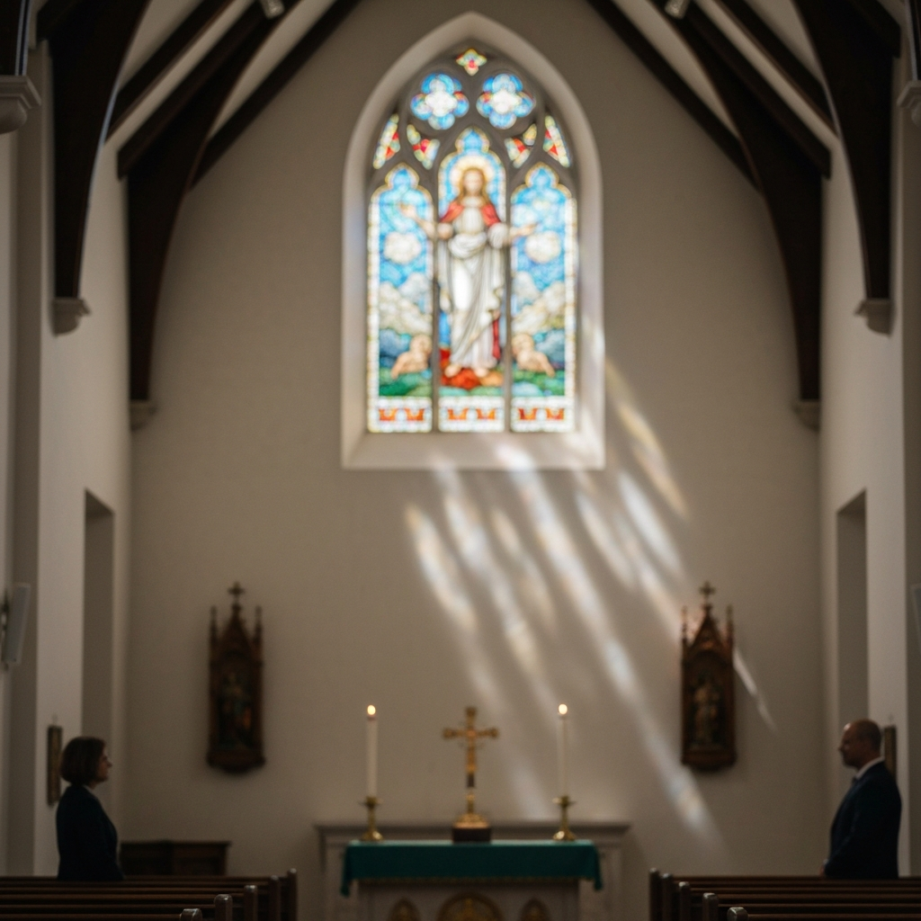 A softly lit interior of a church. Light streams through a stained-glass window depicting the resurrection. Soft bokeh creates a peaceful atmosphere. The focus is on the light and color rather than specific figures.