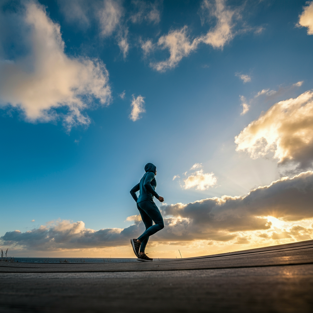 A photograph taken from a low angle, looking up at a bright blue sky with scattered clouds. The sun is positioned just out of frame, casting a golden glow on the clouds.