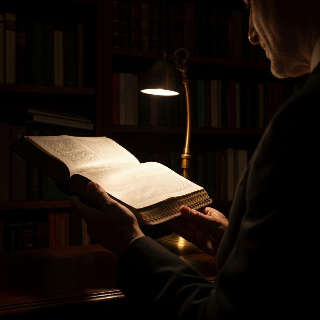 A dimly lit study. Bookshelves filled with theological texts line the walls. A single lamp illuminates a person's hands as they carefully turn the pages of an old Bible.