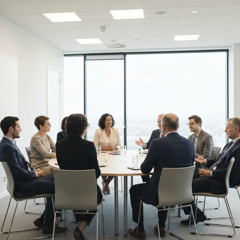 A diverse group of people engaged in a respectful and animated conversation. The setting is a well-lit, modern conference room, fostering a sense of open dialogue.