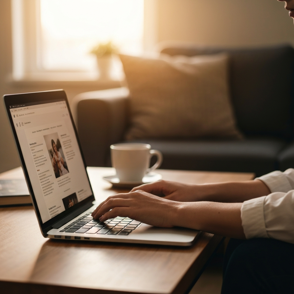 Close-up of a woman's hands navigating a website on a laptop. Soft focus on the background, showing a cozy living room. Golden hour lighting coming through the window casts warm highlights on the laptop screen and her hands. The laptop is resting on a wooden coffee table, with a mug of tea visible in the blurry background.