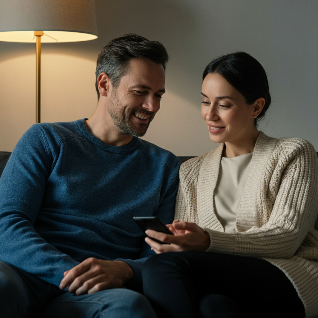 A couple sitting on a couch, facing each other, both smiling. The woman is holding a phone, showing something on the screen to the man. The lighting is soft and diffused, coming from a nearby lamp. The couch is upholstered in a textured fabric. The man is wearing a blue sweater, and the woman is wearing a cream-colored cardigan.