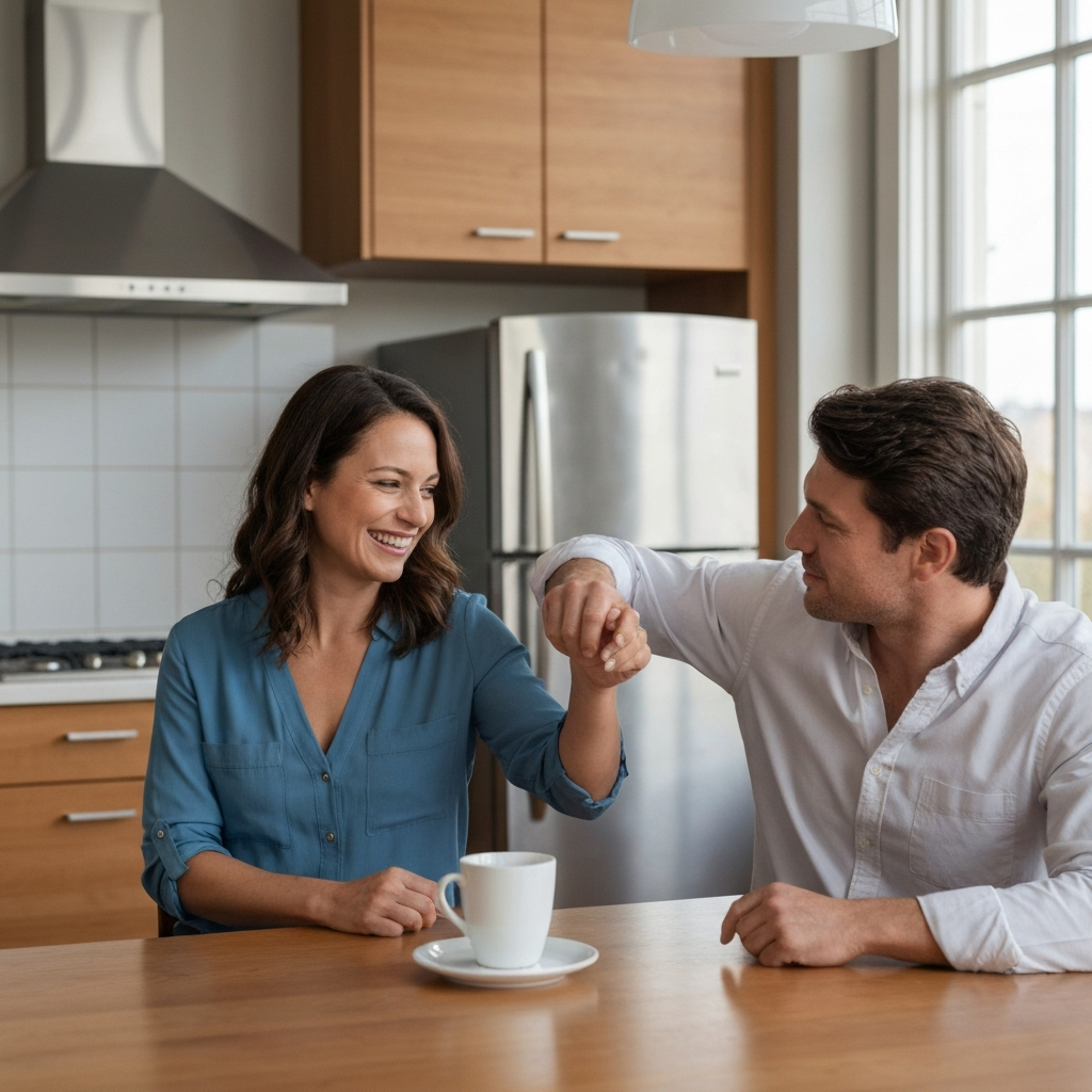 A woman playfully nudging a man's arm while sitting at a kitchen table. The kitchen is bright and airy, with stainless steel appliances and wooden cabinets. Natural light streams in from a window. The woman is smiling mischievously, and the man is looking at her with amusement. They are both casually dressed.