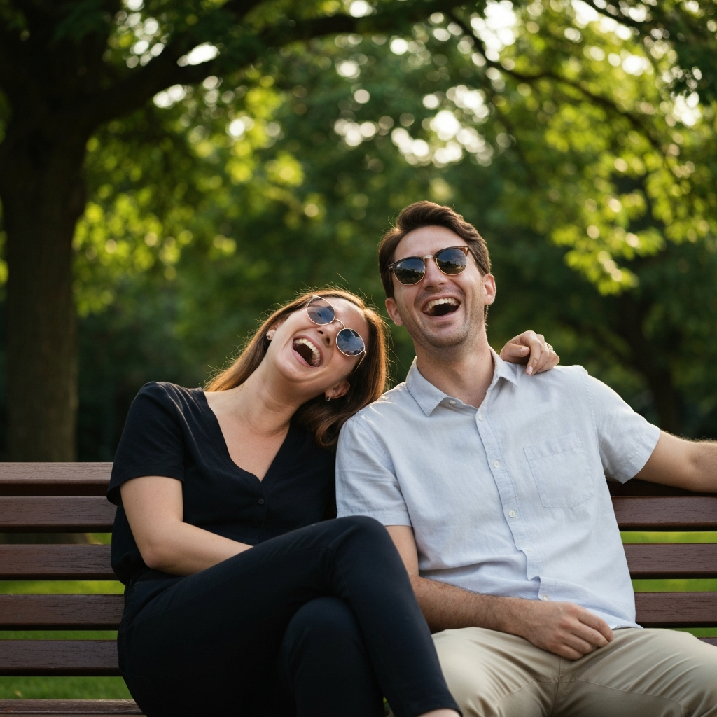 A couple laughing hysterically while sitting on a park bench. The background is filled with lush green trees and sunlight filtering through the leaves. The woman is leaning on the man, and he has his arm around her. They are both wearing sunglasses. The overall mood is joyful and relaxed.