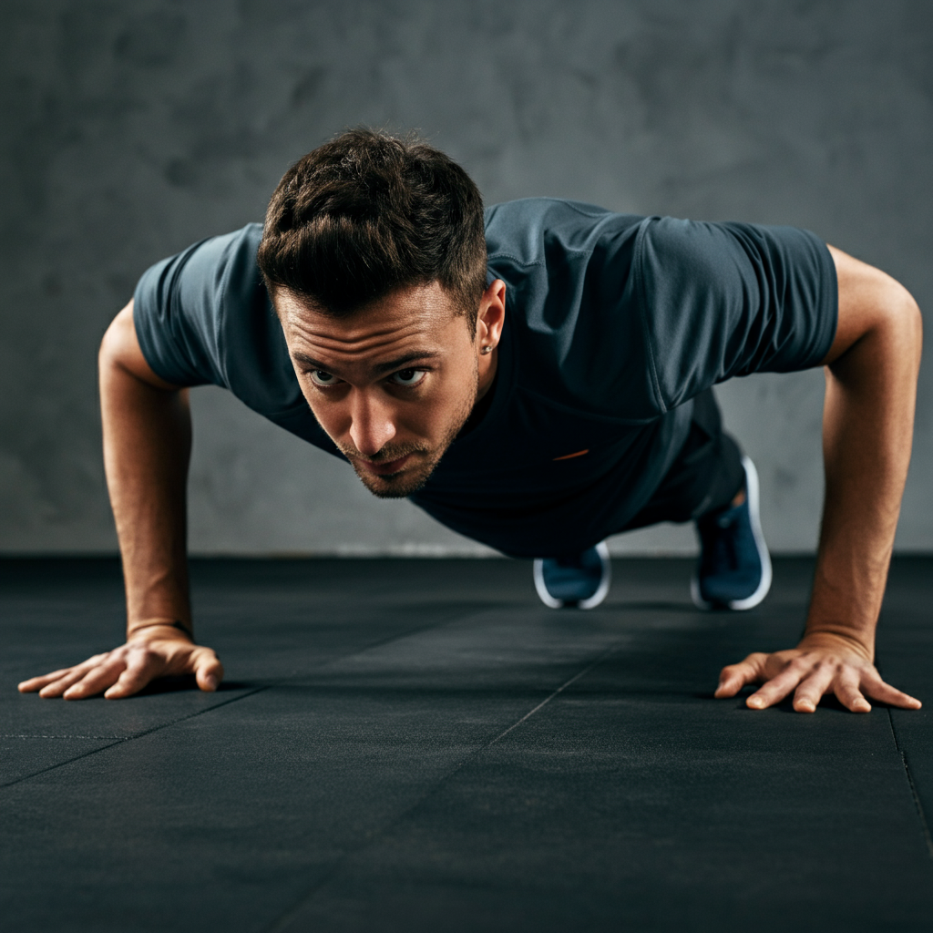 A close-up shot of a person performing a push-up with impeccable form. The focus is on the alignment of the body, the engaged core, and the controlled descent. The background is a simple gray wall.