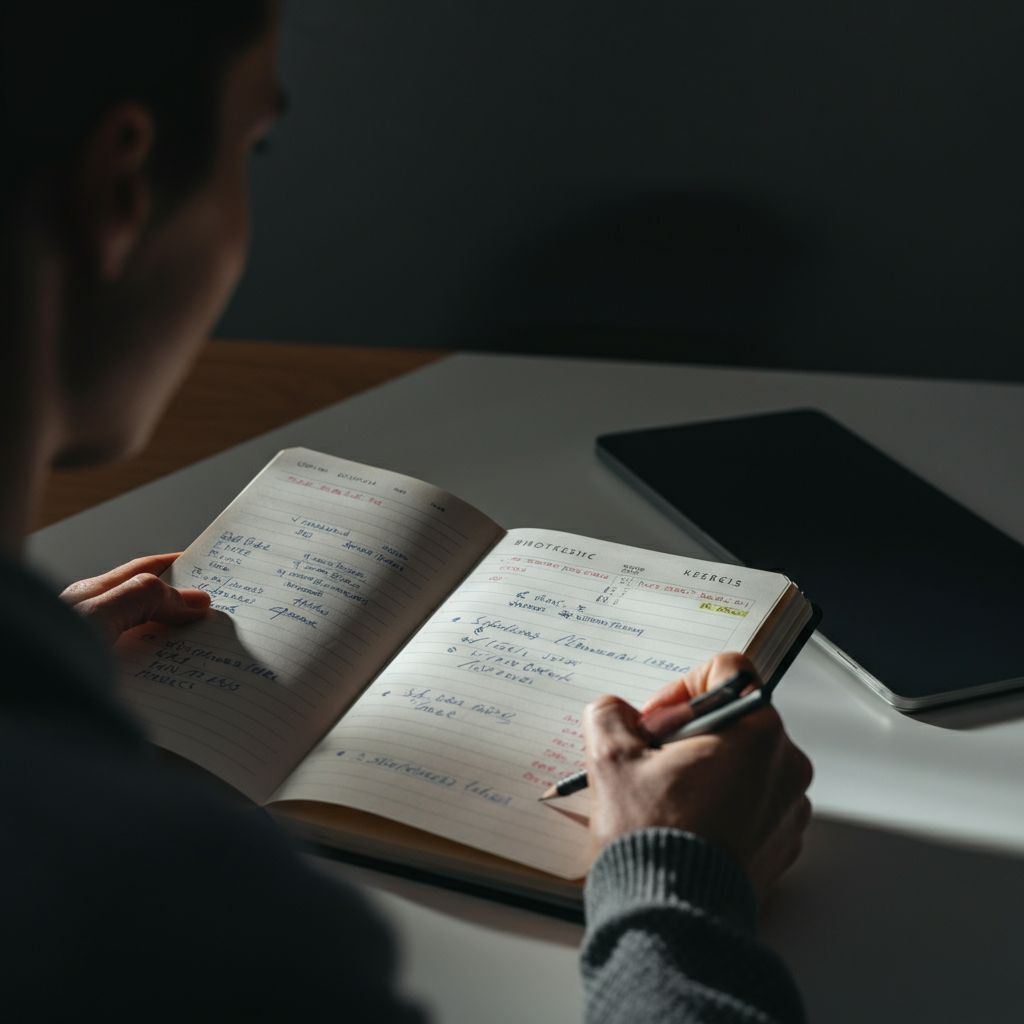 A person sitting at a desk, reviewing a fitness journal filled with handwritten notes and exercise data. The desk is illuminated by soft, natural light, creating a calm and focused atmosphere.