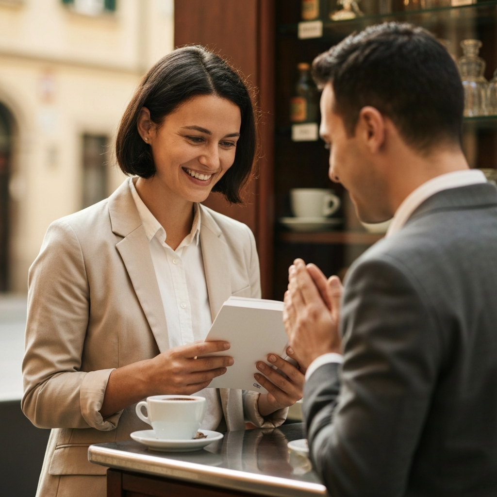 A traveler smiling warmly as they attempt to order coffee using a phrasebook in a sun-drenched Italian cafe. Soft bokeh highlights the barista's appreciative expression.