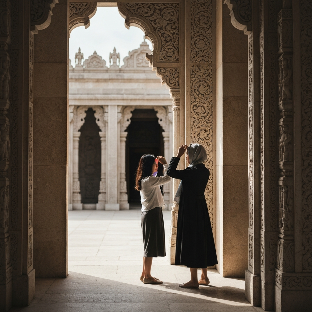 A woman adjusting a scarf around her head as she enters a temple courtyard. The light is diffused and emphasizes the intricate carvings on the temple walls.