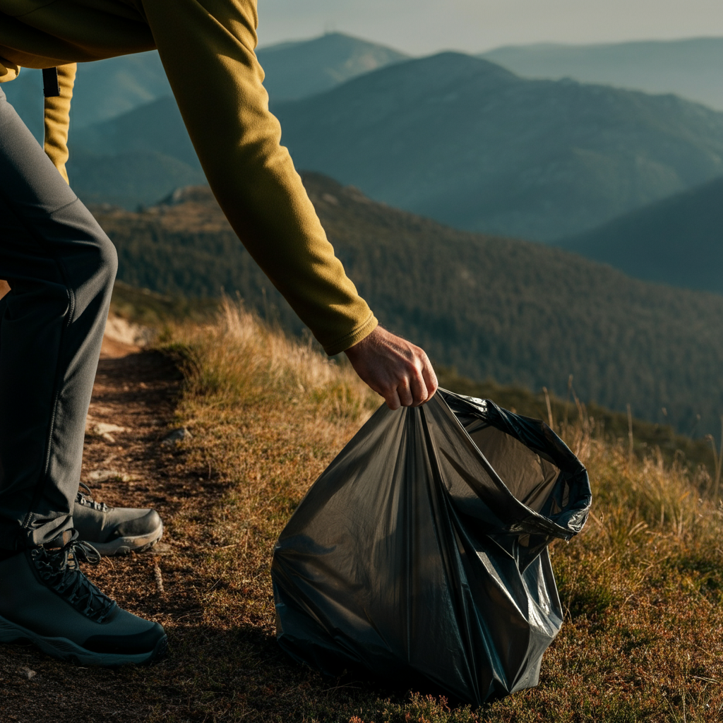 A hiker carefully picking up a piece of trash on a mountain trail. The background showcases a pristine landscape bathed in soft morning light.