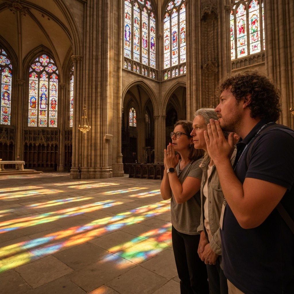 A group of tourists whispering respectfully inside a grand cathedral. The stained-glass windows cast colorful patterns on the stone floor.