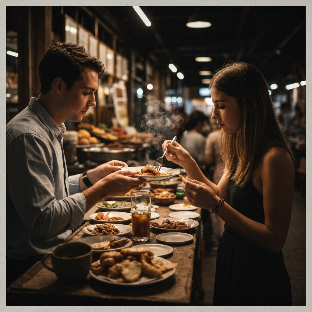 A traveler enjoying a plate of traditional street food at a bustling night market. The scene is filled with warm light and the tantalizing aromas of spices.